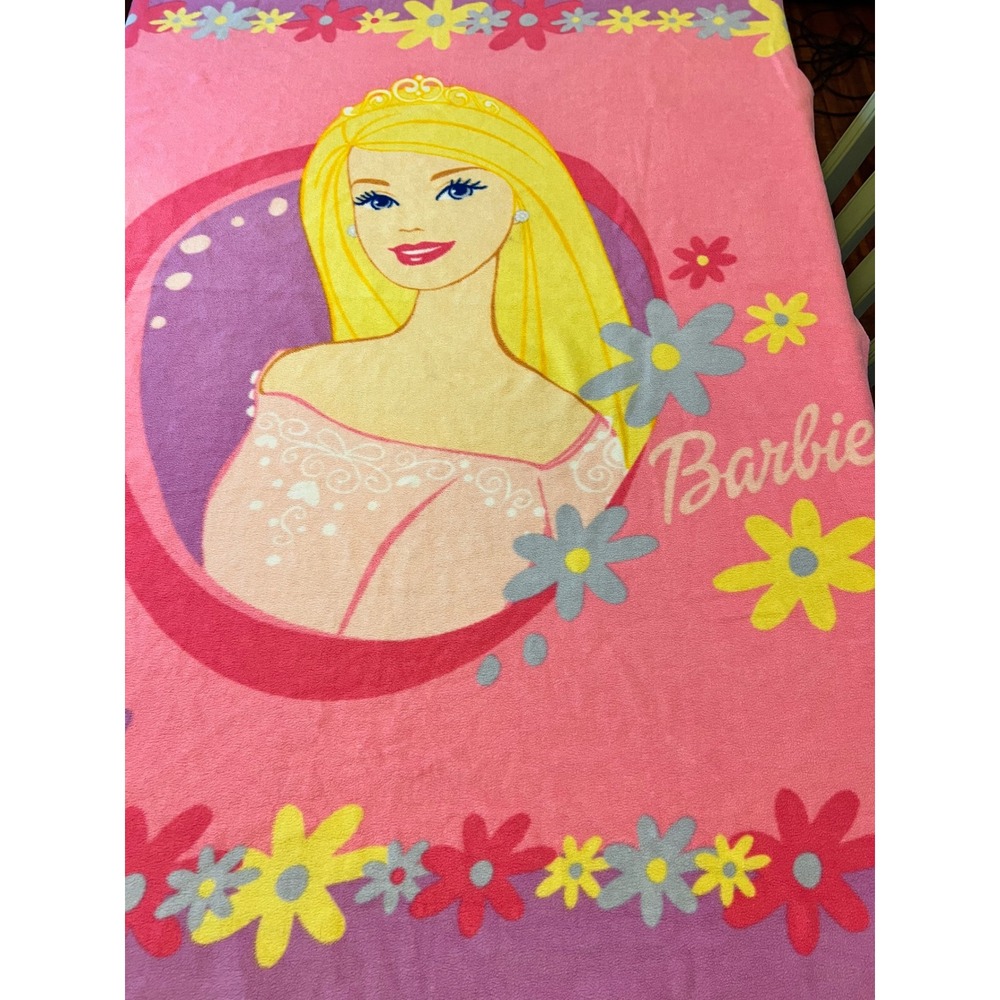 Vintage 2003 Barbie Fleece Throw Blanket Pink Flower The Northwest Co Mattel Y2K
